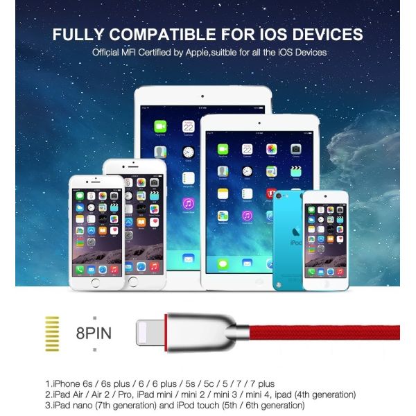 Metal Alloy Nylon Braided USB Data Cable 3 Feet 8 Pin 2A For IPhone Fast Quick Charging