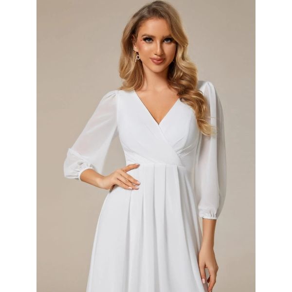 Elegant Empire Long Sleeve V-neck High Low A-line Ruffled Midi White Chiffon Wedding Guest Graduation Dress