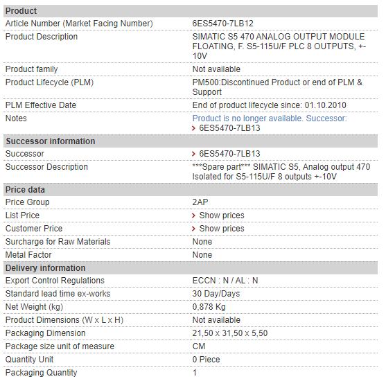 6ES5470-7LB12 6ES5 470-7LB12 Siemens Analog Output Module