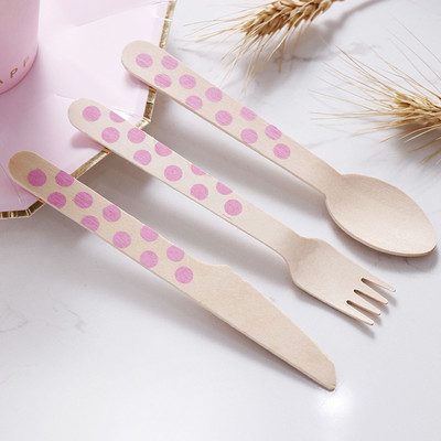 Buy Biodegradable Didposable 160mm Wooden Cutlery Utensil Dot Baby Pink Spoon at wholesale prices
