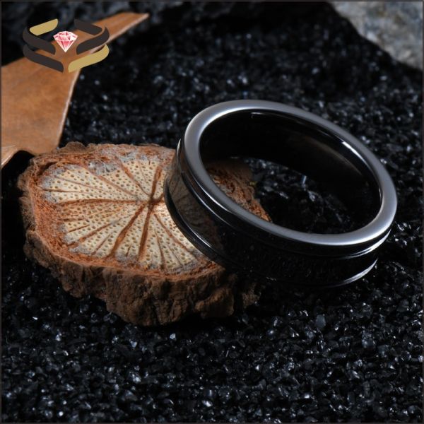 Geometric Black Ceramic Wedding Band Double Grooved Line 6mm For Men Women