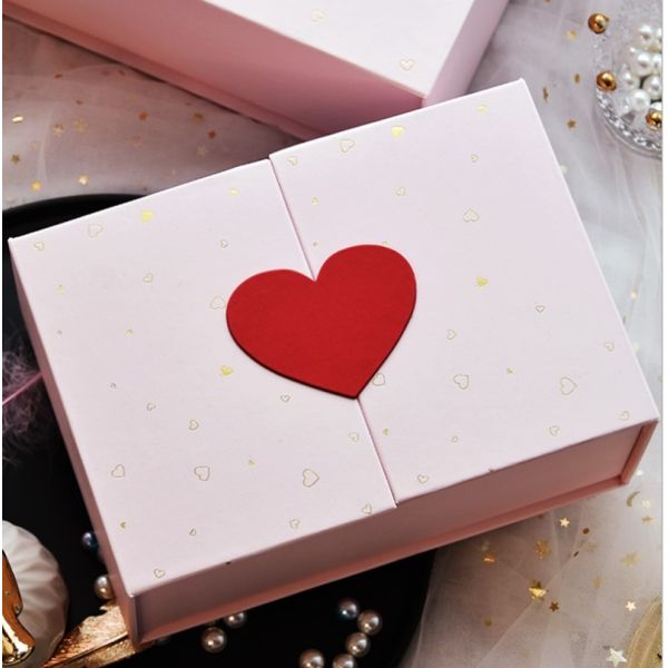 Gift Packaging Square Pink Heart Decoration Double Doors Cosmetic Box with Ribbon Closure