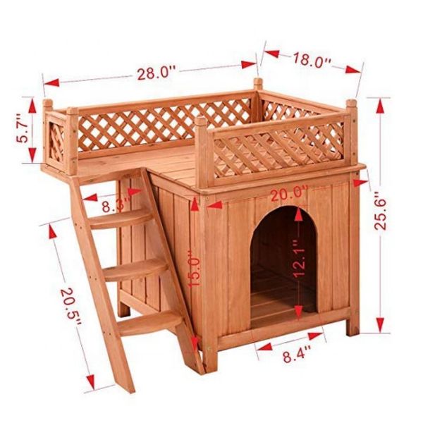 Puppy Dog Wooden Pet House Shelter With Stairs Balcony Indoor Outdoor