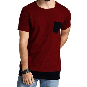 China Plain Dyed Mens O Neck T Shirt , Red Premium Fashionable Mens T Shirts With Pocket on sale