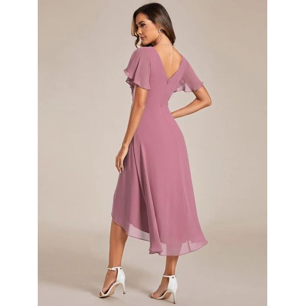 Chic V-neck High-low Short Flutter Sleeves A-line Ruffles Midi Invisible Zipper Purple Orchid Chiffon Cocktail Dress