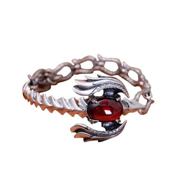 Handmade Sterling Silver Chain Link Phoenixes Synthetic Garnet Charm Women