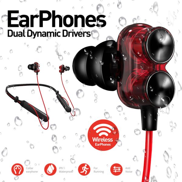 Dual Dynamic Wireless Headphones Bluetooth Earphones Neckband Collar Headset Handsfree Headphone Sport Earbuds for Phone Bx345