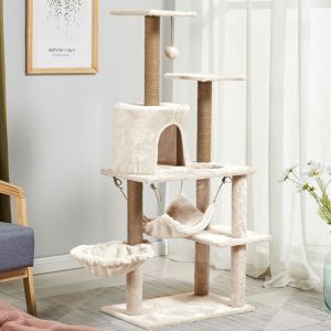 Cat Scratching Tree Natural Multi-level Platform Wooden Cat Tree With Hammock