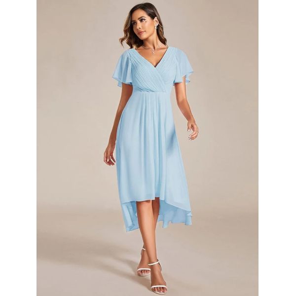 Chic V-neck High-low Short Flutter Sleeves A-line Ruffles Midi Invisible Zipper Sky Blue Chiffon Graduation Dress