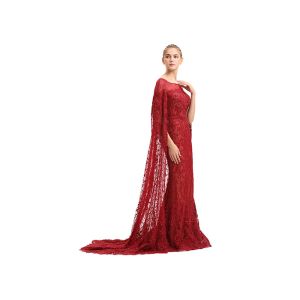 Big Red Embroidery Lace Arabic Maxi Wedding Bridesmaid Dresses Floor Length