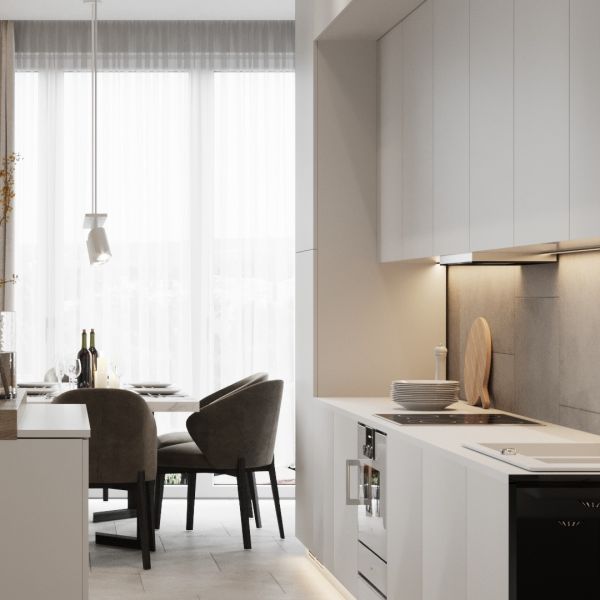 Creamy White Matte Lacquer Kitchen Cabinet And Marble Top