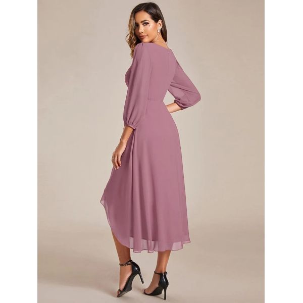 Ruffled A-line Long Sleeve V-neck High-low Wedding Guest Purple Orchid Chiffon Bridesmaid Dress