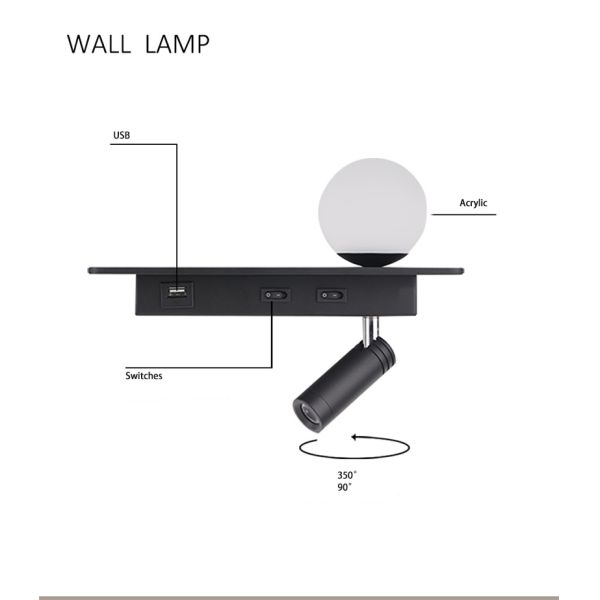USB led reading light 3W beadboard wall lighting led bed lamp headboard acrylic ball light bedside wall lamp background