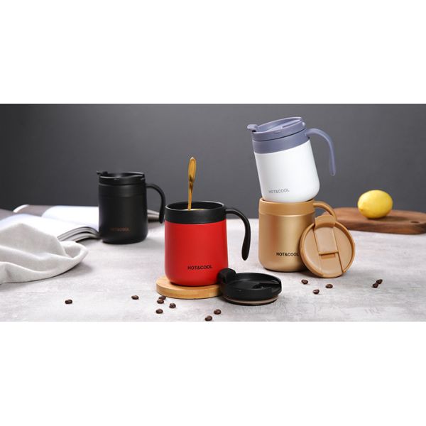 350ml Custom Mugs With Logo, Promotional Insulated Coffee Or Tea Mugs With Lid And Handles