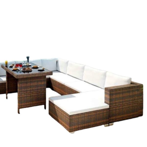 Wicker Rattan Corner Patio Set Garden Modern Home Style Furniture Brown With Fire Pit Table Patio