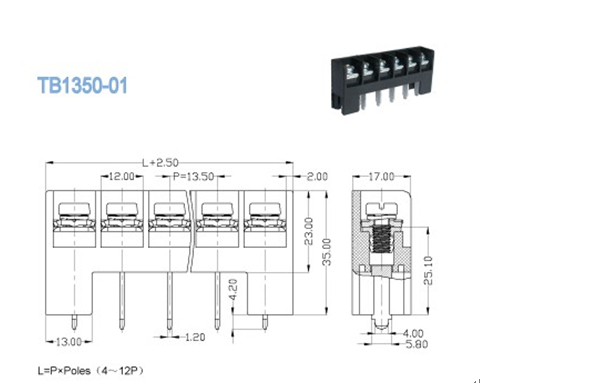Barrier Terminal Block Pitch 13.50mm 300V 20A 4 - 12P Power Terminal Block