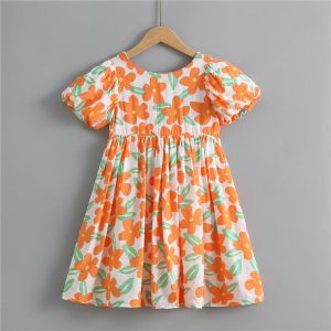 Girls Puff Sleeve Dress Short Sleeve Cotton Dress Summer Children's Clothing