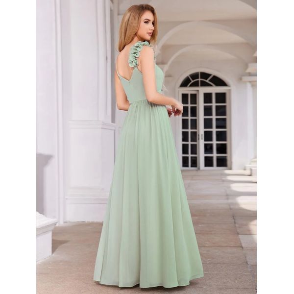 Elegant V-neck Floral Strap Empire A-line Waist Mint Green Chiffon Evening Dress