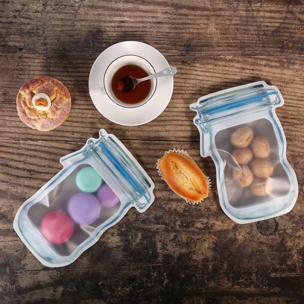 Factory Price Mason Jar Shape Storage Bags Snacks Candy Fresh Zipper Seal Food Reusable Stand-up Organizer