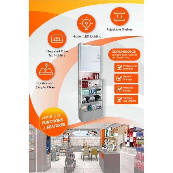 GDR02-BG05-28 Left Illuminated Skincare Display Cabinet with 60mm Soft Film Light Box and Grey Edge Banding for Fashion Boutiques