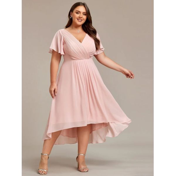 Chic V-neck High-low Short Flutter Sleeves A-line Ruffles Midi Invisible Zipper Pink Chiffon Wedding Guest Evening Dress