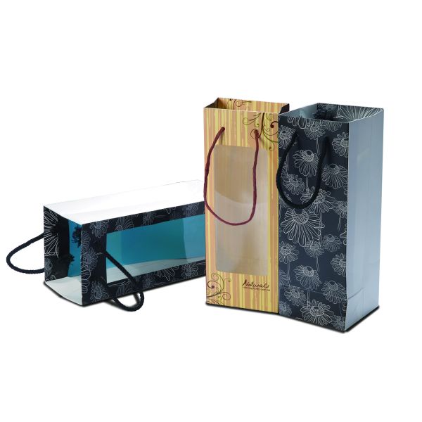 Customized promotional artpaper wine bag/gift wine bag for red wine with PVC window