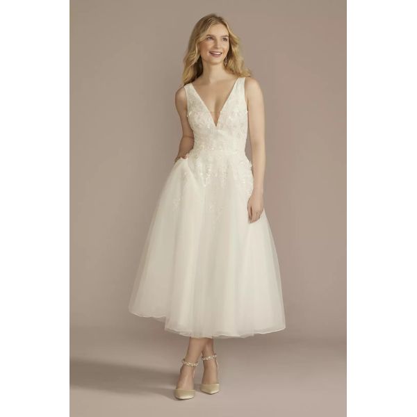 Flirty A-line Plus Size Tea-length Plunging Neckline Tank Straps Appliqued Lace Zipper White Organza Midi Wedding Dress