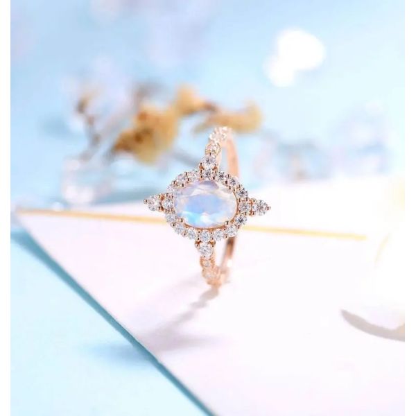 Newest Rose Gold Plating 925 Sterling Silver Jewelry Oval Cut Blue Moonstone Engagement Rings
