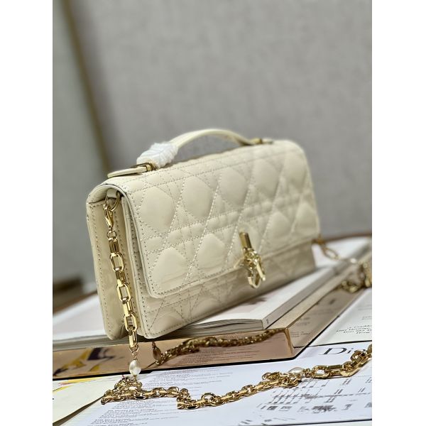 Branded Lady Dior Patent Clutch Small Pearl Black Flip Closure