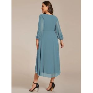 Elegant Empire Long Sleeve V-neck High Low A-line Ruffled Midi Dusty Chiffon