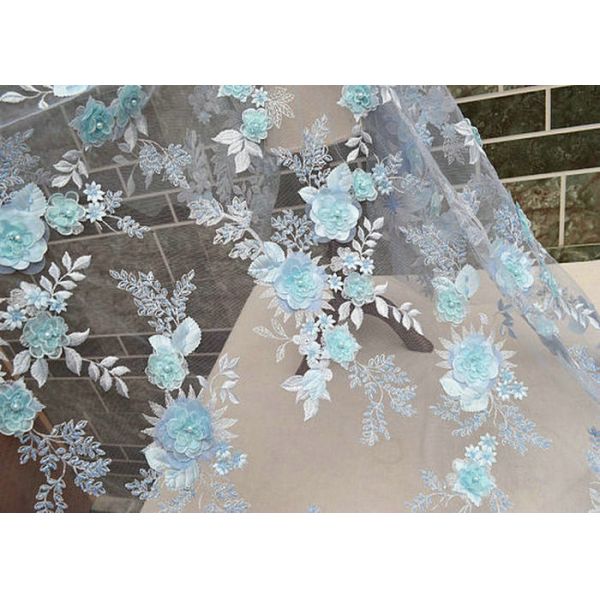 Embroidery 3D Floral Wedding Dress Lace Fabric By The Yard With Beads Light Blue