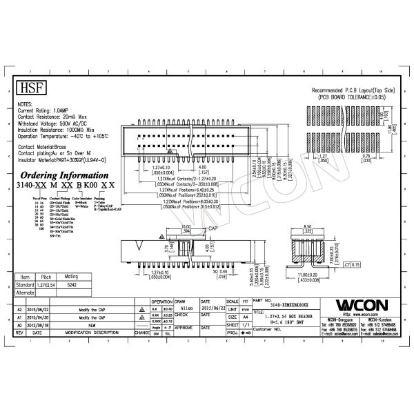 Dual Row SMT Box Header Connector 26 Pin Board To Wire Connectors 20mΩ Max