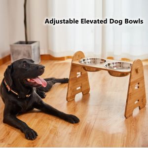 Durable Bamboo Adjustable Raised Dog Bowls For Large Dogs