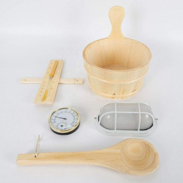 Buy Spa Sauna Kit Pail Wooden Bucket Dipper Lamp Traditional Pocket Home Timer with Thermometer Water Scoop Hourglass Sauna Accessory Bundle at wholesale prices