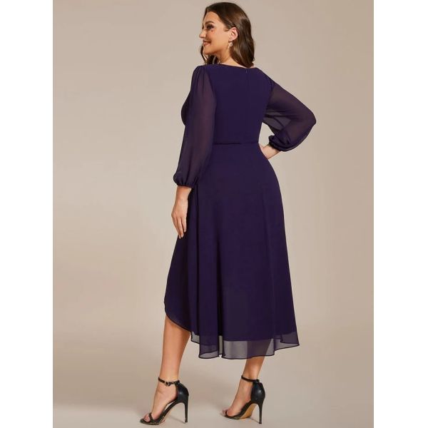 Plus Size Ruffled A-line Long Sleeve V-neck High Low Wedding Guest Dark Purple Chiffon Bridesmaid Dress