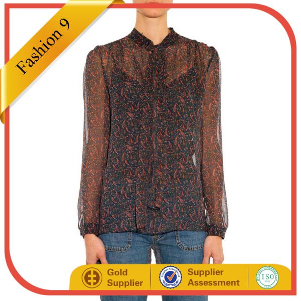 Buy Deep v-neck blouses with front zipper for sexy woman with decoration frills at wholesale prices