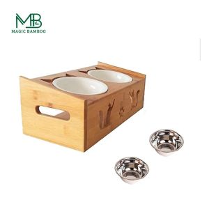 Natural Pet Elevated Raised Stand Diner Feeder with 2 Removable Ceramic Bowls