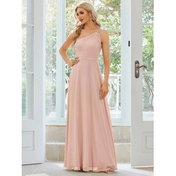 Asymmetry Custom Size Spaghetti Strap One-shoulder A-line Pink Flowy Chiffon Party Dress