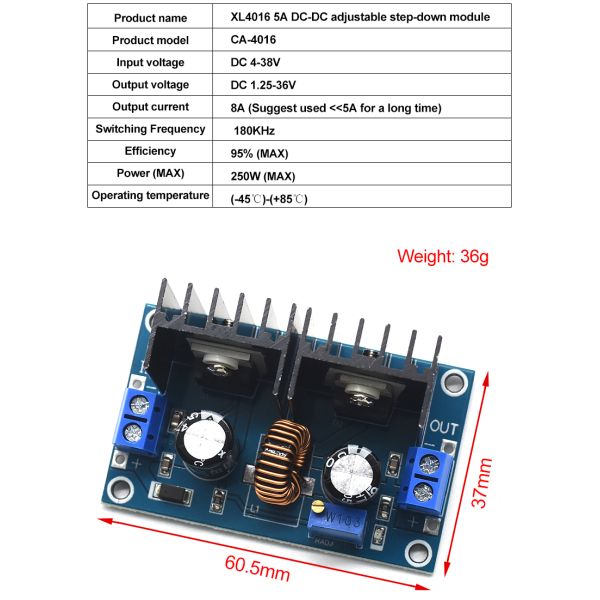 CA-4016 8A 200W Board Mount DC-DC Converter XL4016 4-40V to 1.25-36V PWM Adjustable Step-Down Module 200W 8A Converter