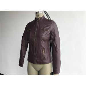 Burgundy Pu Leather Coat / Biker Jacket With Triple Stitching Tw77492