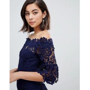 custom make off shoulder frill sleeve navy crochet dress
