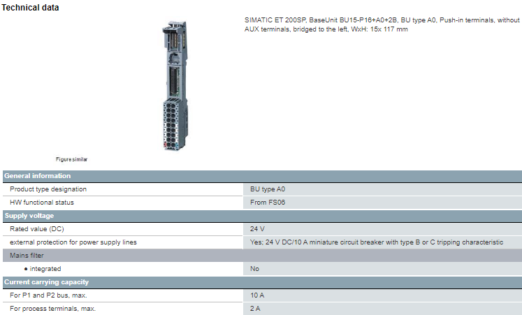 6ES7193-6BP00-0BA0 ET 200SP Baseunit Typ A0 BU15-P16 A0 2B Base Unit Siemens BaseUnit