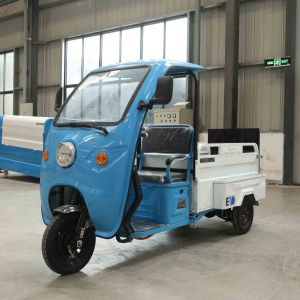 Electric tricycle with a rain shelter, front hood, and courier vehicle