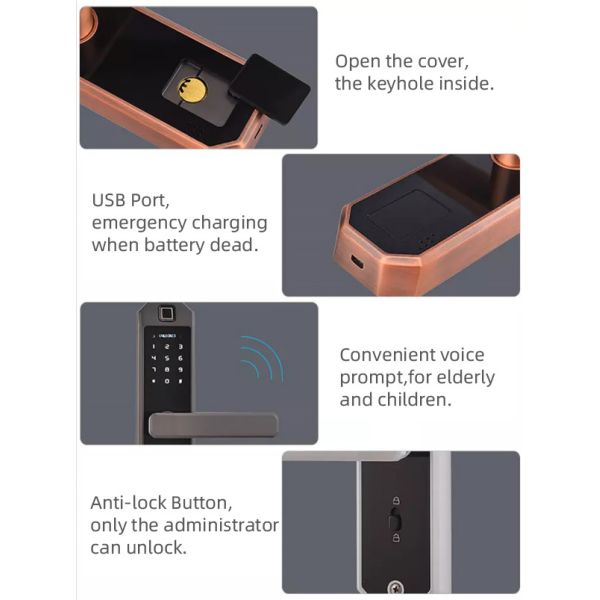 Red Bronze Fingerprint Smart Door Locks Zinc Alloy With Handles