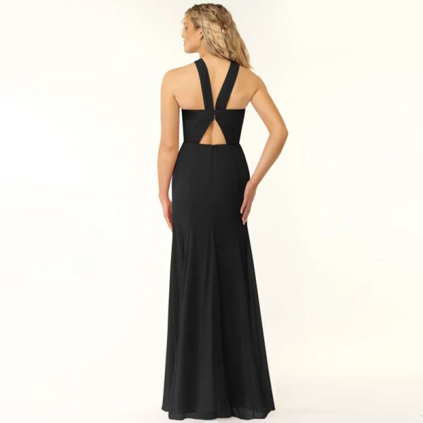 Unique Black Chiffon Bridesmaid Dress Front Split Slit A-Line Halter Keyhole Backless Mermaid Plus Size
