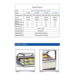 Italian Marble Gelato Showcase with Ventilated Cooling System - 1650W Power