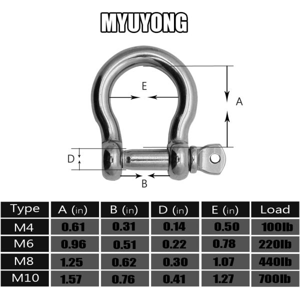 304 Stainless Steel Bow Shape Load Shackle for Chains Wirerope Lifting Polished Finish
