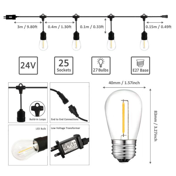 25 Bulbs Waterproof Outdoor Festoon Lights 240V Ambiance Patio For Wedding
