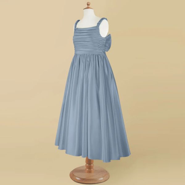 Wholesale Factory Lovely Blue Satin Flower Girl Dress A-Line Ruffles Tea-length Plus Size Sleeveless Children