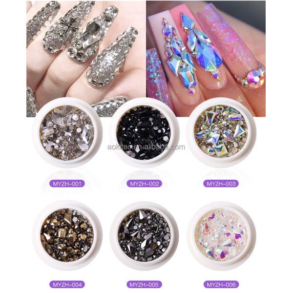 Aokitec drop shipping bulk box packing size shaped mixed neon 3d glass ab crystal flatback nail rhinestones